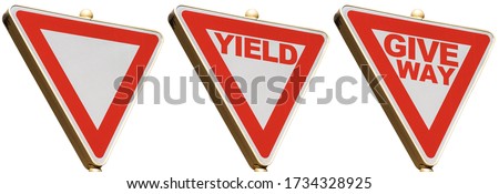 Yield and Give Way road sign, photography, isolated on white background with copy space