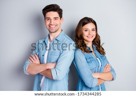 Portrait of positive independent student man woman cross hands back-to-back ready decide professional decisions wear casual style clothes isolated over grey color background Royalty-Free Stock Photo #1734344285