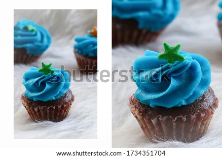 Dark chocolate Muffiins with Blue Cream Along With Star On The Top, India, South Asia