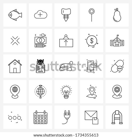 Set of 25 Line Icon Signs and Symbols of fruit; pear; implanting; pin; map Vector Illustration