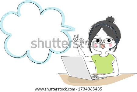 Speech bubble with a woman doing telework with a laptop and headset