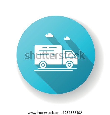 Delivery truck blue flat design long shadow glyph icon. Fast cargo shipping. Merchandise distribution. Courier car service. Express ground transportation. Silhouette RGB color illustration