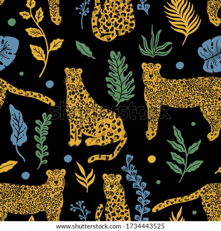 Leopard animal seamless pattern. Tropical plant leaves background.Vector illustration.