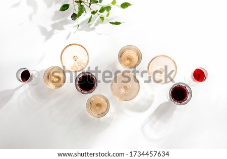 Rose wine assortment, top-down view of various wine glasses full of rose and red wine, standing on a white table surface  reflecting soft sunshine rays Royalty-Free Stock Photo #1734457634