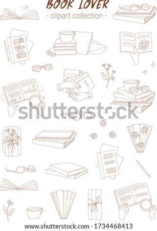 Reading and books related clip art collection. Piles of books, open books, books in hands, stylish arrangements. Hand drawn vector graphics. Isolated objects on white background.