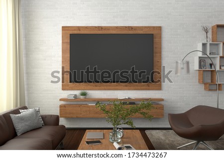 TV screen on the white brick wall  with wooden plate above the cabinet in modern living room with couch, armchair, coffee table, bookshelf, curtain. Clipping path around screen. 3d illustration