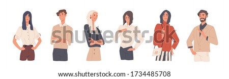 Set of man and woman with arrogant face expression vector flat illustration. Collection of colorful annoying selfish persons isolated on white background. Stylish self-confident people Royalty-Free Stock Photo #1734485708