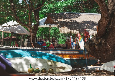 Tropical beach landscape. A beach with fishing boats, sunbeds with a parasol, coconuts and various trifles on a sandy beach. Soft focus and beautiful bokeh.