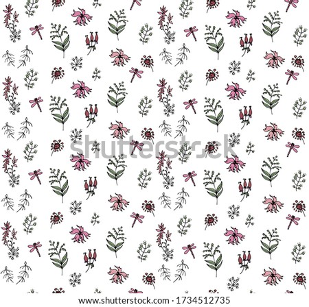 herbs and pink flowers on a white background, seamless vector illustration