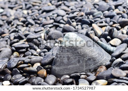 The picture of a pebble beach full of small pebbles And has 1 large piece