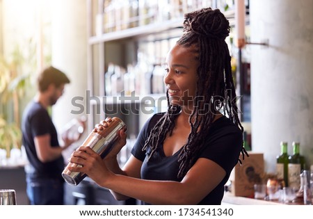 Female Bartender Mixing Cocktail In Shaker Behind Bar Royalty-Free Stock Photo #1734541340