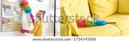 Collage of child sweeping away dust from picture with feather duster and colorful feather duster on sofa in living room, panoramic shot