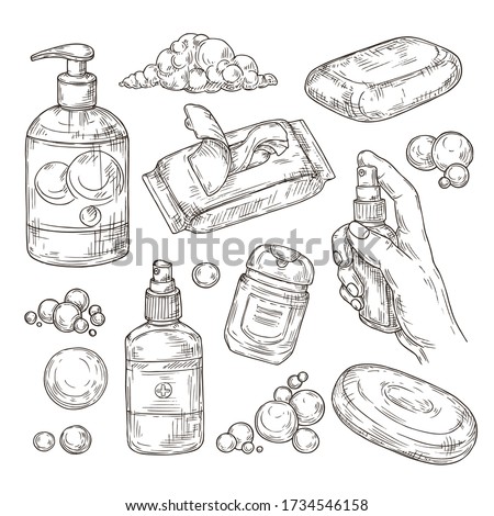 Sketch set of items for disinfection. Sanitizer,antibacterial gel and spray, wipes, disposable towels, soap for the prevention of viral infections.  Royalty-Free Stock Photo #1734546158
