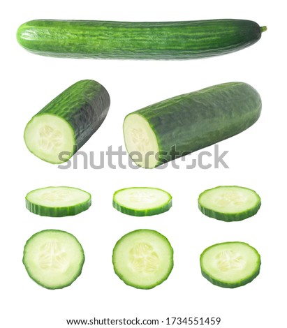 Set of whole and cut sliced smooth cucumber isolated on white background