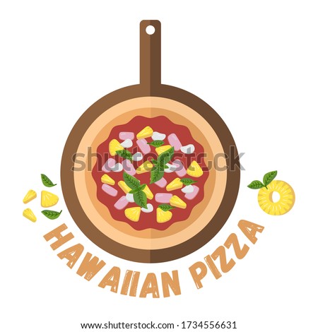 Hawaiian pizza in flat style. Slices prosciutto, ham, basil, pineapple, tomato sauce, mozzarella. Top view Italian pizza. Vector set for culinary book, pizzeria menu.