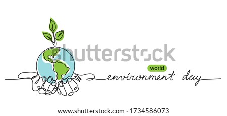 World environment day minimalist vector background with earth in hands and plant. One continuous line drawing. Poster, banner, background with lettering environment day. Royalty-Free Stock Photo #1734586073