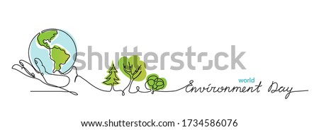 World environment day simple vector web banner, poster with earth and trees. One continuous line drawing. Minimalist banner, illustration with lettering environment day. Royalty-Free Stock Photo #1734586076