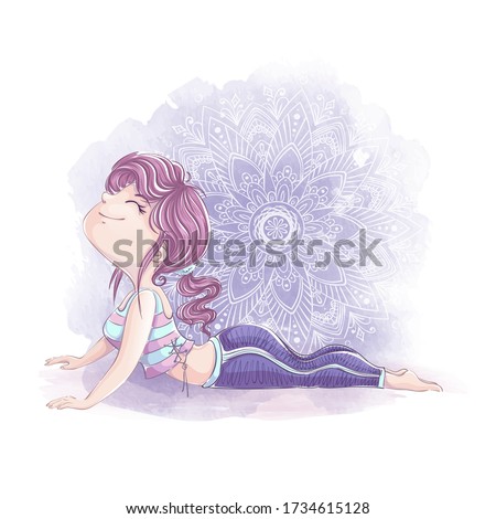 Cute girl in a tracksuit performs an exercise in yoga or fitness. Sports character in the style of hand-drawing. Watercolor textural background with a beautiful mandala.