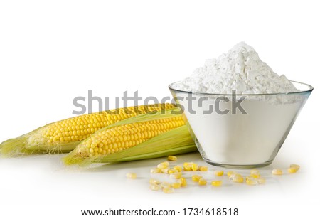 Open cob of fresh ripe corn on a white background with snow-white corn starch Royalty-Free Stock Photo #1734618518