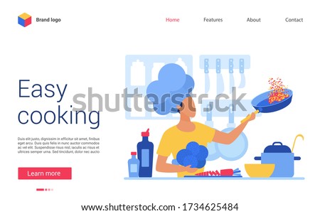 Easy cooking vector illustration. Website interface creative design for online cookery course, school or blog. Cartoon flat chef man character cooks healthy food in kitchen, teaching dish recipes