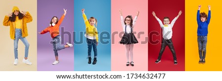 Collage of full length multiethnic children in trendy clothes gesticulating and dancing against colorful backgrounds Royalty-Free Stock Photo #1734632477