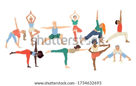 Women and men of different races play sports at home. Yoga, meditation, asana. Bright cute illustration, isolates on a white background. Clip art for design.