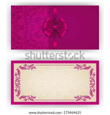 Elegant template luxury invitation, card with lace ornament, bow, place for text. Floral elements, ornate background. Vector illustration EPS 10.