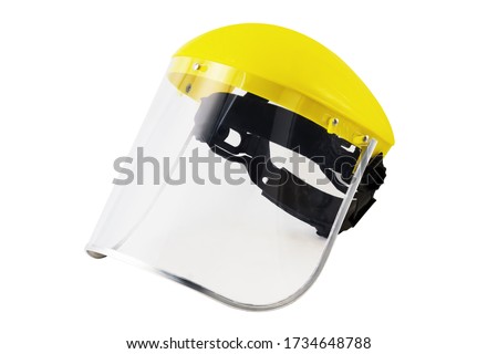 Face shield mask transparent safety full face cover personal care for protect coronavirus covid-19 virus protective epidemic virus outbreak concept on white background. [Clipping path]. Royalty-Free Stock Photo #1734648788