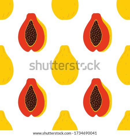 Summer seamless pattern with abstract papaya,tropical plants and palm branches on dark background. Ornament for textile and wrapping. Vector illustration in flat style.