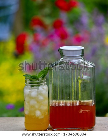 Sun tea in a container with a mason jar cup of fresh sun tea with ice topped off with freshly picked spearmint leaves against a beautiful bokeh background