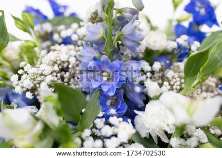 Bright emotional bouquet in a round box (color: white, blue, green. Flowers: delphinium and alstroemeria)