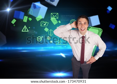 Thinking businessman scratching head against boxes on technical background