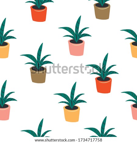 Seamless Pattern With House Plants In Pots. Cute Hand darwn Background. Colorful Print On White Background. Vector Illustration.