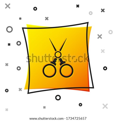 Black Scissors hairdresser icon isolated on white background. Hairdresser, fashion salon and barber sign. Barbershop symbol. Yellow square button. Vector Illustration