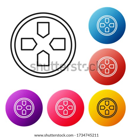 Black line Gamepad icon isolated on white background. Game controller. Set icons colorful circle buttons. Vector Illustration
