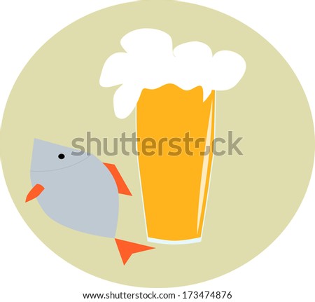 glass of beer and fish on a green background