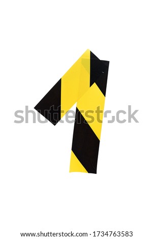 Number 1 from yellow and black warning tape isolated on white background. Caution lines. Warning tapes. Danger and risk tape. Police stripe line. Industrial protection tape.