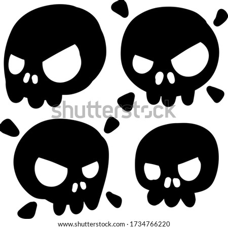 Set of funny skulls. Scary element of Halloween. Death head. Cartoon flat illustration. Black human bones on white background. Danger icon