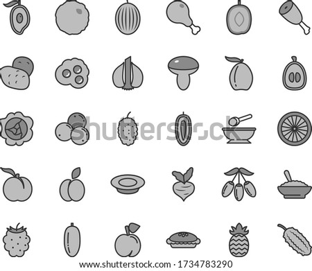 Thin line gray tint vector icon set - deep plate with a spoon vector, mushroom, pie, bowl of buckwheat porridge, milk, chicken leg, thigh, cabbage, omelette, apple, peach, ripe, squash, blackberry