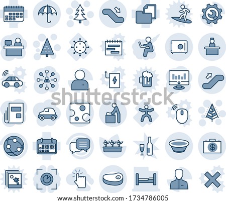 Blue tint and shade editable vector line icon set - baby room vector, insurance, escalator up, down, recieptionist, christmas tree, hierarchy, manager place, statistic monitor, seedling, gymnastics