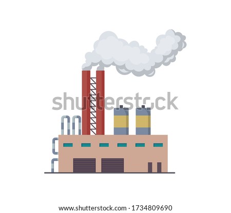 Factori or power plant flat design of vector illustration. Manufactory industrial building refinery factory or Nuclear Power Station. Building big of plant or factory with pipe smoke