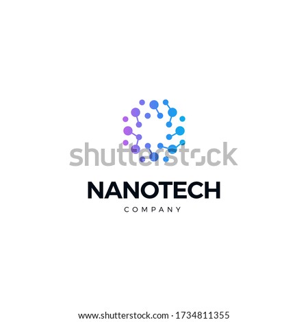 Nano technology logo. Atomic structure logotype. Round scientific laboratory innovation icon. Genetic research. Isolated chemical, molecular connections. Biotechnology vector illustration. Royalty-Free Stock Photo #1734811355