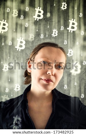 Bitcoin concept. Businesswoman collecting bitcoins, virtual currency.
