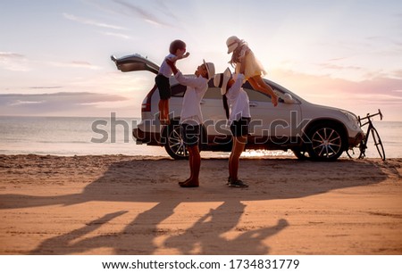 Happy family. young mom with her daughter ready for getting ready for trip. image not focus,Concept family and Holiday and car travel.copy space for put text