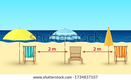 Vector cartoon illustration of sandy beach, chairs, umbrellas on sea background. Beach chairs with social distance 2 m. Travel concept. Summer vacation, empty beach, coronavirus Covid-19, lockdown.  