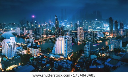 Futuristic city technology concept, Fantasy cityscape of bangkok city in future at night in Thailand, Cyberpunk style
