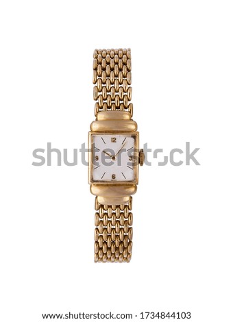 A closeup shot of a stylish golden watch on a white background