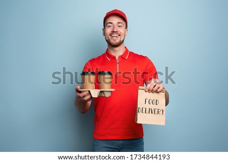 Courier is happy to deliver hot coffee and food. Cyan background