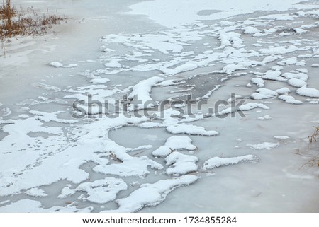 frozen lake surface with snow and ice 