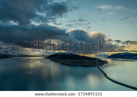 Aerial sunset of Kveoy, in Kvefjord Norway. 05.18.2020